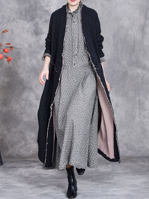 Women Autumn Ethnic Solid Linen Raw-edge Long Coat