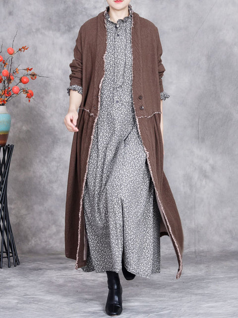 Women Autumn Ethnic Solid Linen Raw-edge Long Coat