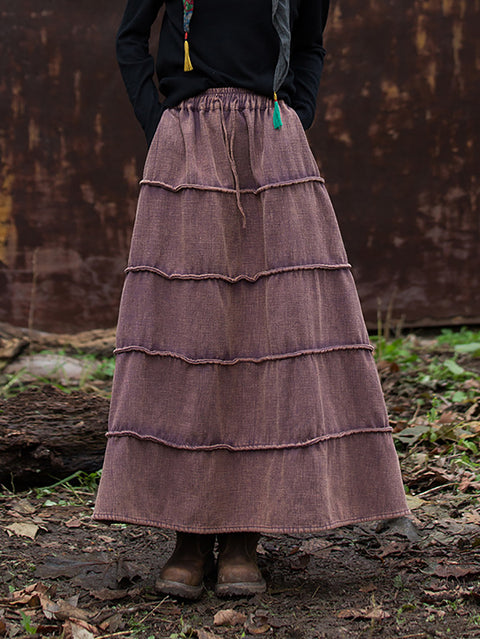 Women Retro Spliced Ramie Fleece-lined Skirt