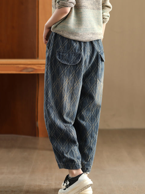 Women Spring Casual Denim Rhomboids Harem Pants