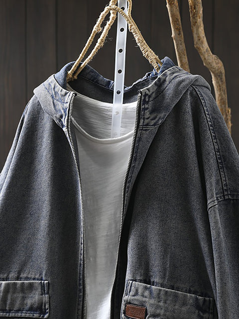 Women Vintage Spring Denim Hooded Coat