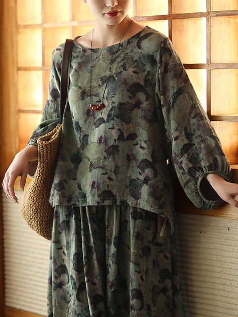 Women Spring Artsy Flower O-Neck Cotton Linen Shirt