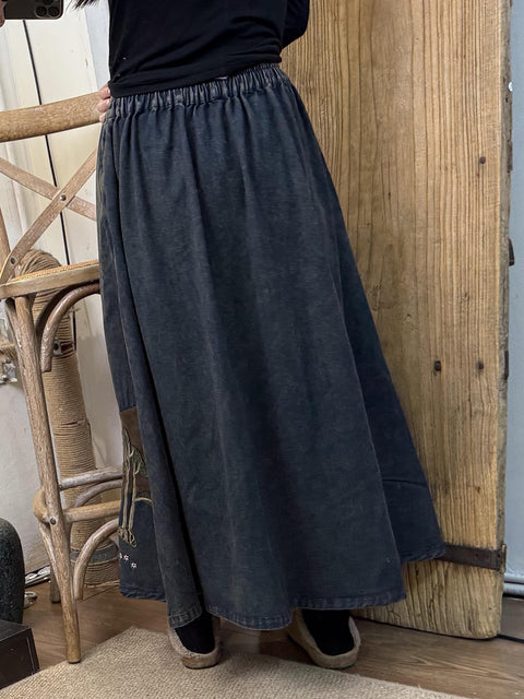 Women Spring Retro Patch Spliced Denim Skirt