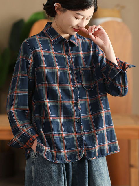 Women Spring 100%Cotton Plaid Turn-down Collar Shirt