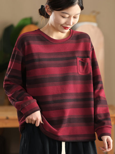 Women Spring Vintage Stripe Cotton Sweatshirt