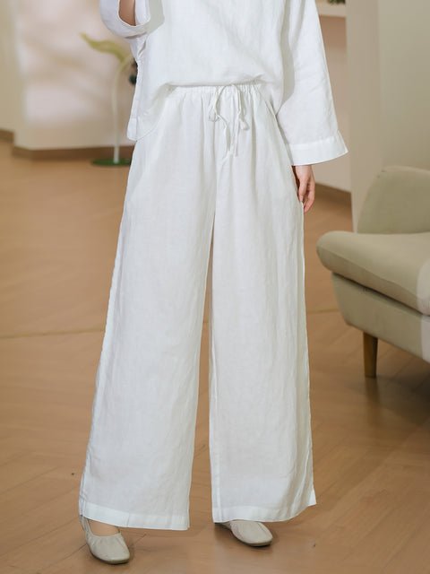 Women Spring Pure Color 100%Linen Wide-leg Pants