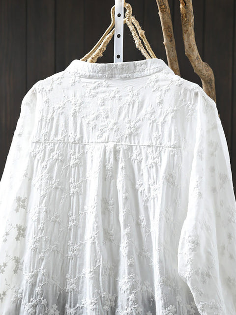 Women Spring 100%Cotton Flower Embroidery Shirt