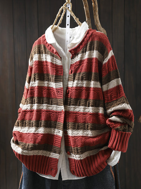 Women Autumn Colorblock Stripe O-Neck Cotton Sweater