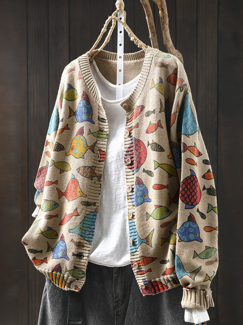 Women Autumn Fish O-Neck Cotton Cardigan Sweater