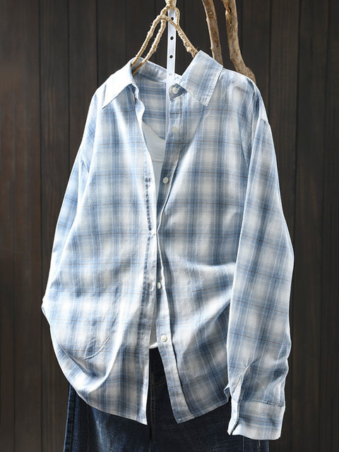 Women Spring Artsy 100%Cotton Plaid Shirt