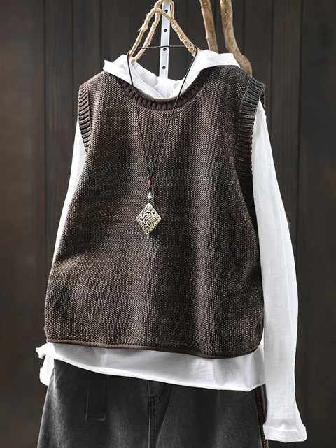 Women Spring Pure Color Knit O-Neck Vest