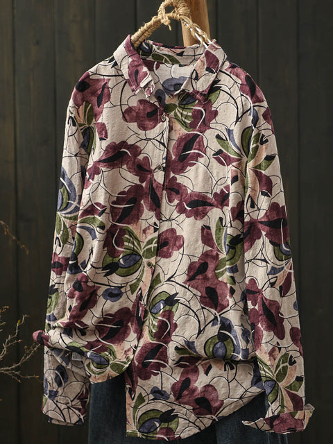 Women Spring Cotton Flower Turn-down Collar Shirt