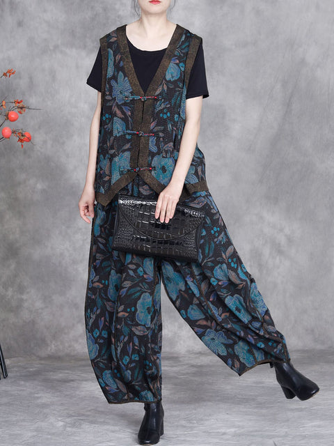 Women Spring Retro Irregular Hem Flower Suits