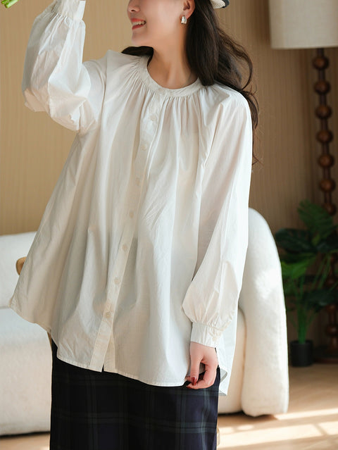 Women Spring 100%Cotton O-Neck Pure Color Shirt