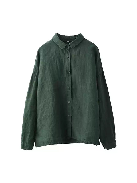 Women Spring Pure Color Turn-down Collar Linen Shirt