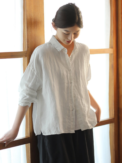 Women Spring Pure Color Turn-down Collar Linen Shirt