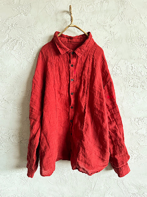 Women Spring Pure Color Turn-down Collar Linen Shirt