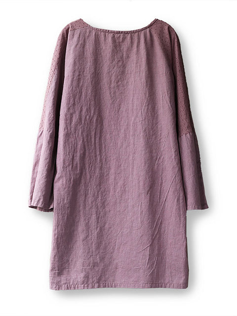 Women Spring Pure Color O-Neck Linen Shirt