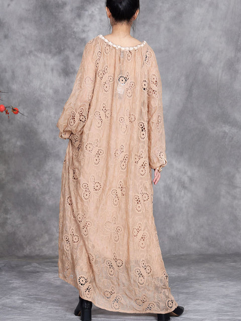 Women Spring Artsy Lace Flower O-Neck Loose Dress