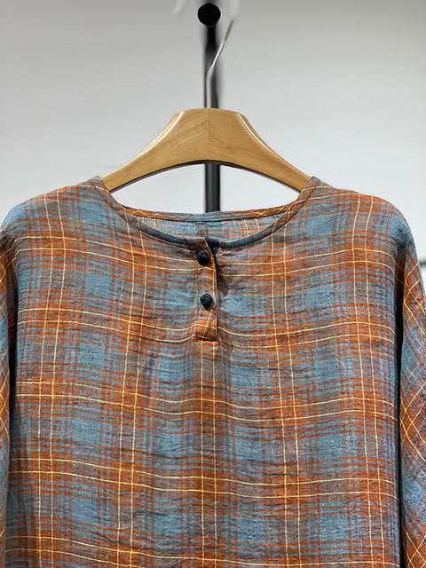 Women Spring Plaid O-Neck Linen Shirt