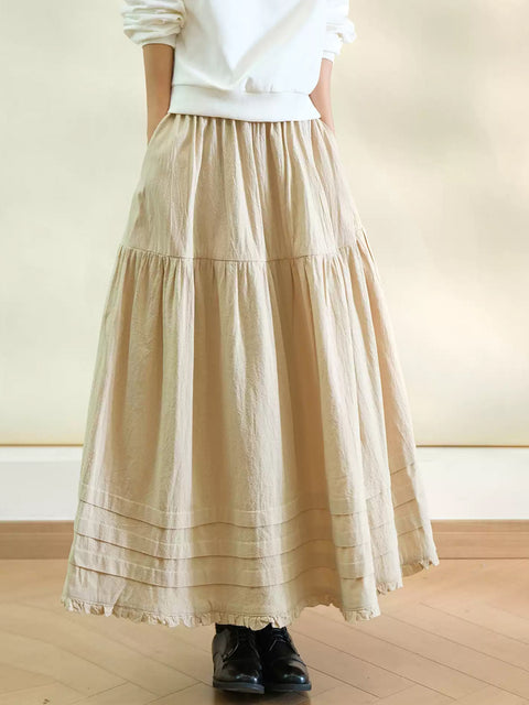 Women Spring Pure Color 100%Cotton Lace Hem Skirt