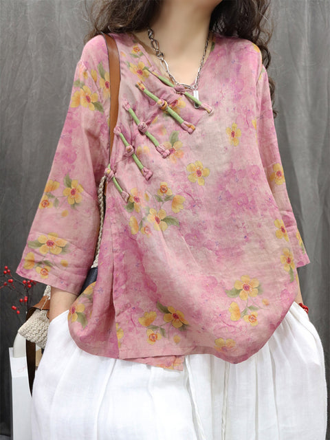 Women Spring Ethnic V-Neck Flower 100%Ramie Shirt