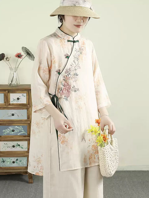 Women Ethnic Spring Flower Stand Collar Ramie Shirt