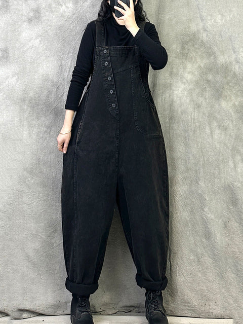 Women Spring Retro Pure Color Loose Jumpsuits