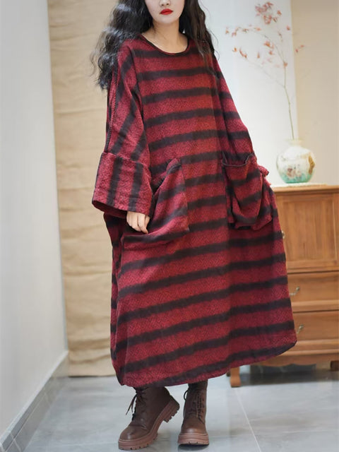 Women Spring Vintage Stripe Pocket O-Neck Loose Dress