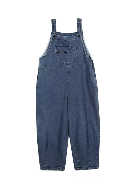 Women Spring Retro Pure Color Denim Jumpsuits