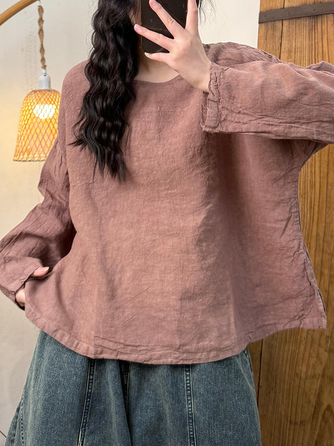 Women Spring Casual Pure Color O-Neck Linen Shirt