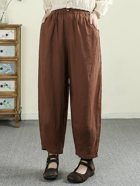 Women Spring Vintage Pure Color 100%Linen Harem Pants