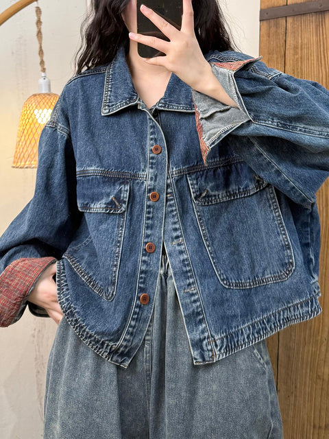 Women Vintage Spring Turn-down Collar Denim Coat