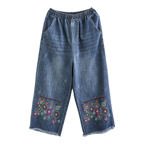 Women Spring Ethnic Denim Embroidery Wide-leg Pants