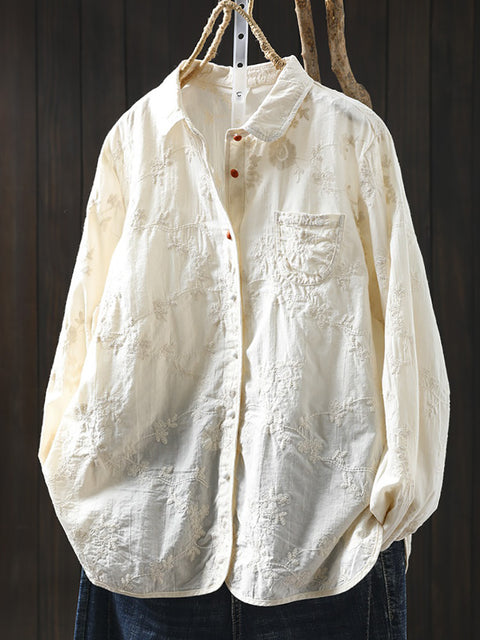 Women Spring 100%Cotton Jacquard Turn-down Collar Shirt