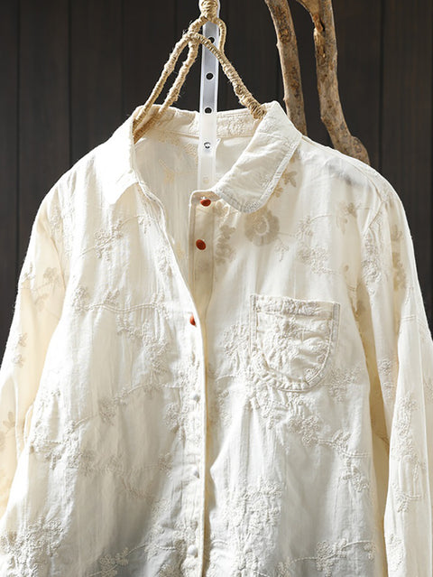 Women Spring 100%Cotton Jacquard Turn-down Collar Shirt