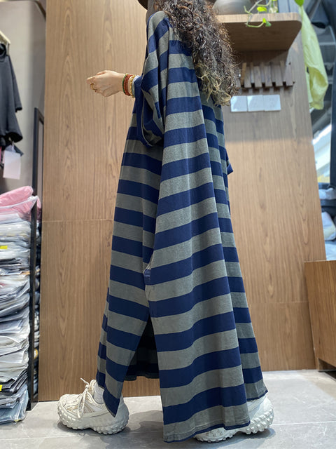 Women Spring Artsy Stripe O-Neck Maxi Dress