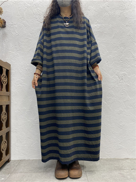 Women Spring Artsy Stripe O-Neck Maxi Dress