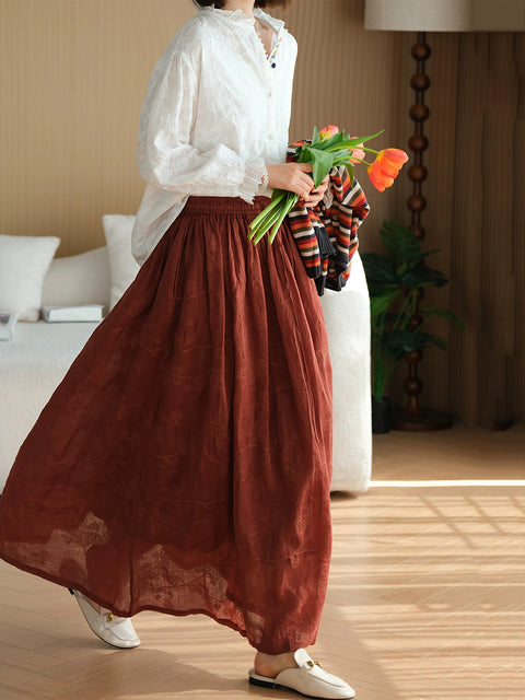 Women Summer Embroidery A-Shape 100%Ramie Skirt