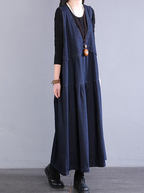 Women Vintage Denim Spliced V-Neck Dress