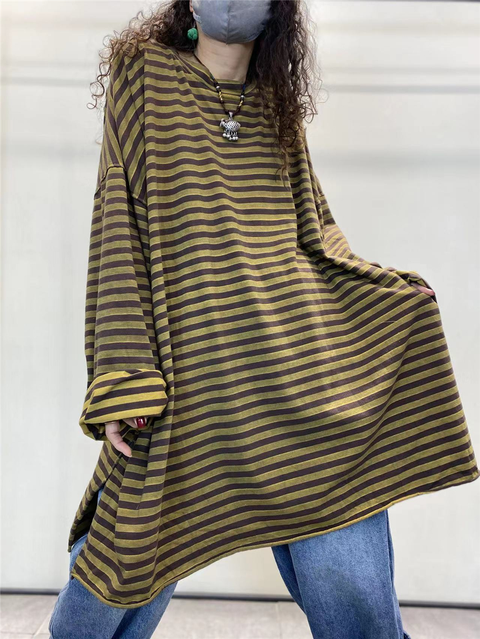 Women Spring Casual Stripe Cotton Long Shirt