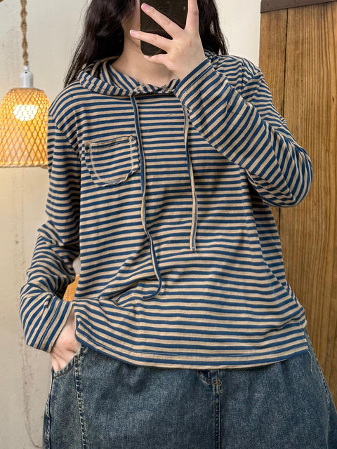 Women Casual Spring Stripe Hooded Blouse