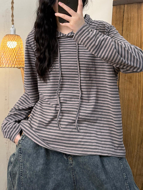 Women Casual Spring Stripe Hooded Blouse