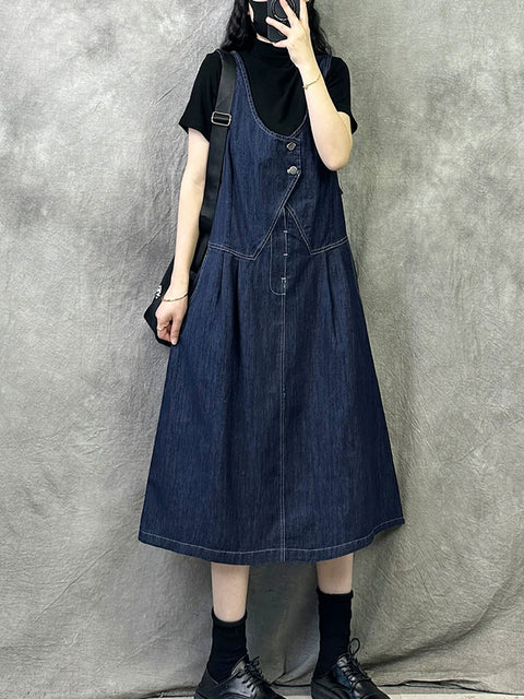 Women Spring Artsy Pure Color Denim Suspender Dress