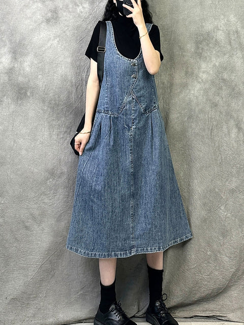 Women Spring Artsy Pure Color Denim Suspender Dress