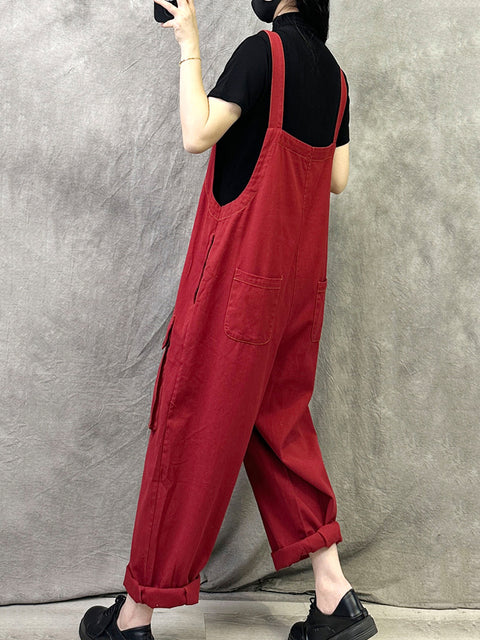 Women Spring Vintage Pure Color Loose Jumpsuits