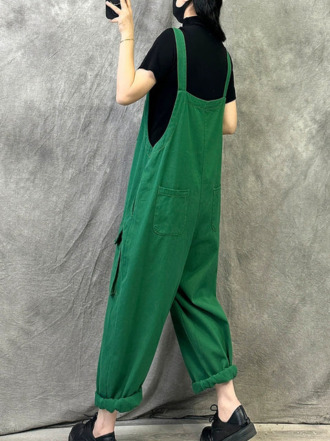 Women Spring Vintage Pure Color Loose Jumpsuits