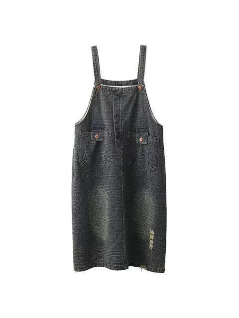 Women Spring Retro Geometric Denim Suspender Dress