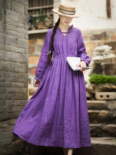 Women Artsy Linen Pure Color Lace Collar Dress