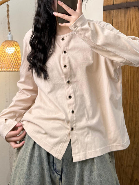 Women Casual Spring Pure Color O-Neck Blouse